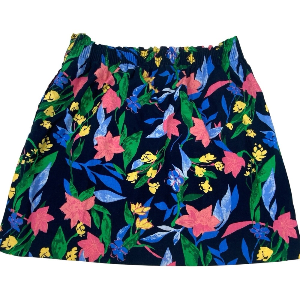 J.Crew Womens Floral Linen Cotton Blend Elastic Waist Mini Skirt Navy Blue 12